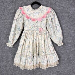 VTG Martha's Miniatures Floral Dress Pink Trim‎  Ruffle Lace Girls Size 7